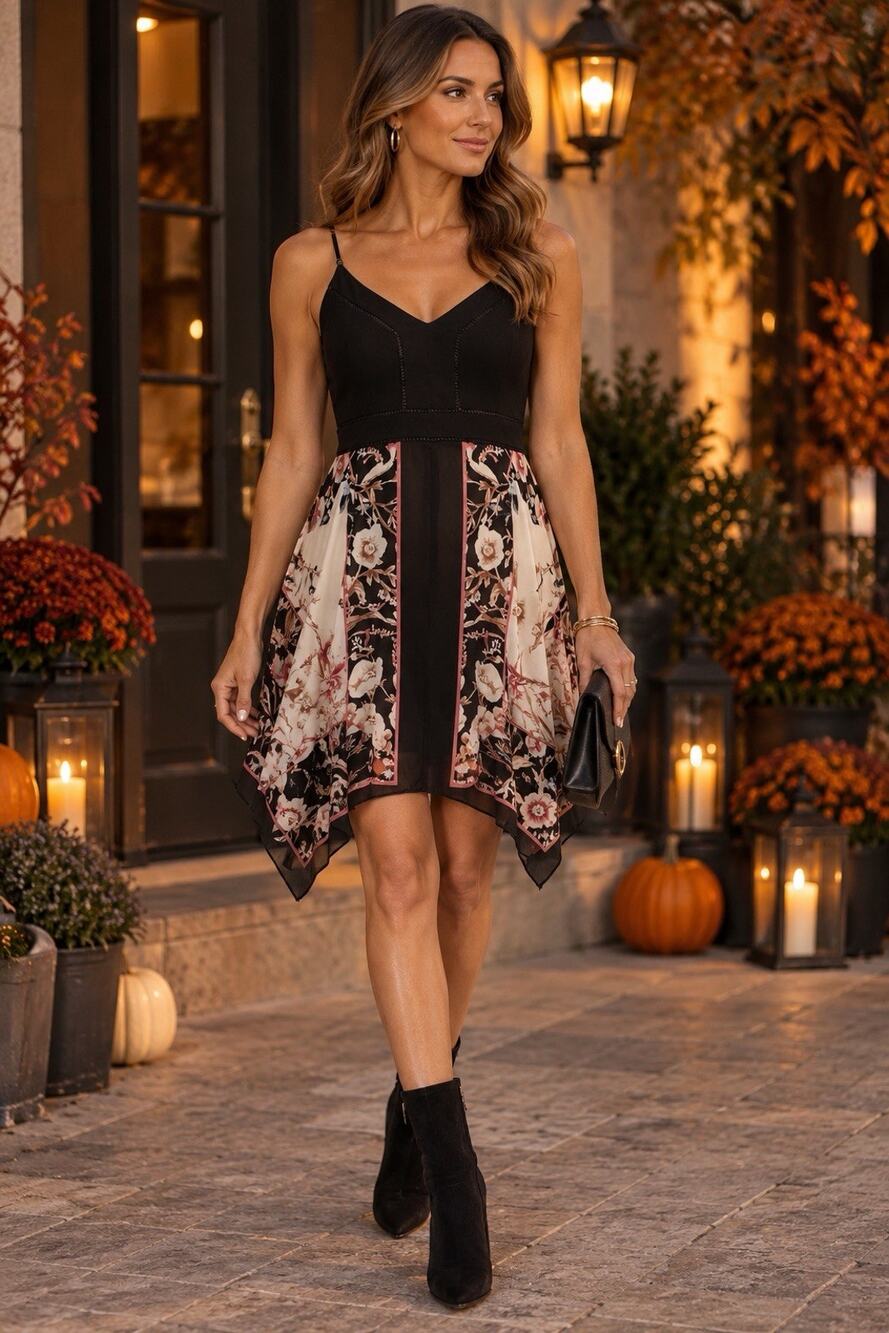 White House Black Market Scarf Print Hem Black Floral Midi Dress Size 10P NWT